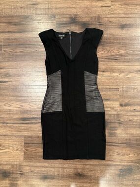 bebe Black Mesh-Panel V-Neck Bodycon Mini Dress